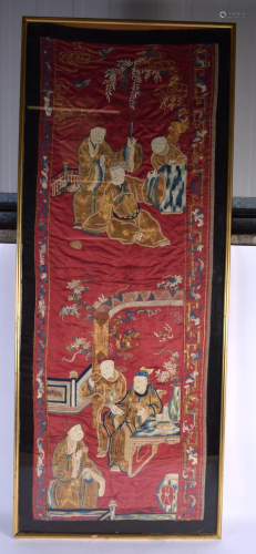 A LARGE LATE 19TH CENTURY CHINESE RED SILKWORK PANEL Late Qi...
