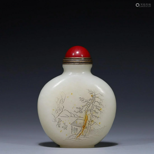 CHINESE HETIAN JADE SNUFF BOTTLE WITH CARVED 'FIGURE IN...