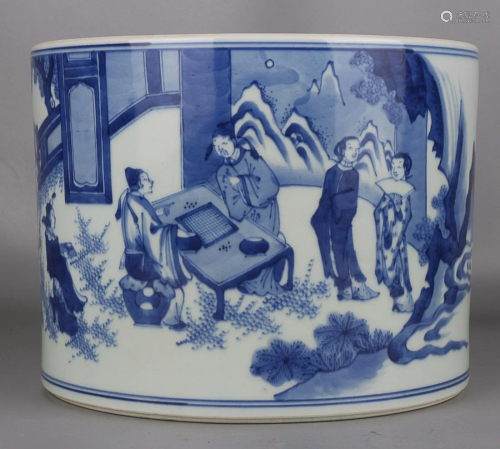 CHINESE BLUE-AND-WHITE BRUSHPOT DEPICTING 'FIGURE STORY...