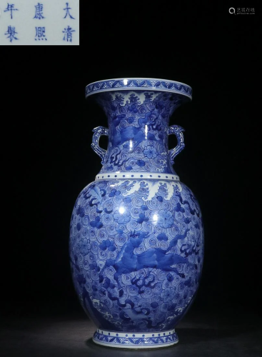CHINESE BLUE-AND-WHITE TWO-HANDLED VASE DEPICTING 'HORS...