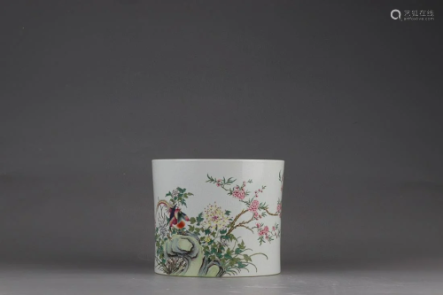 CHINESE FAMILLE-ROSE BRUSHPOT DEPICTING 'BIRD AND FLOWE...