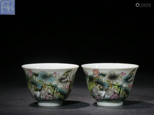 TWO CHINESE FAMILLE-ROSE CUPS DEPICTING 'CRANE AND LOTU...