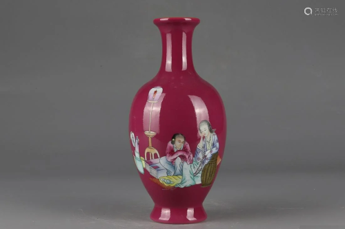 CHINESE PUCE-GROUND FAMILLE-ROSE VASE DEPICTING 'MAIDEN...