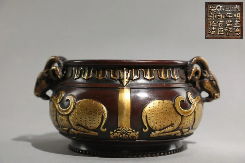 CHINESE PARCEL-GILT-BRONZE GOAT-HANDLED CENSER CAST WITH &#x...