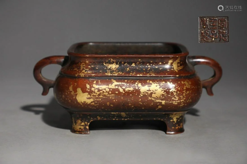 CHINESE GOLD SPLASHED BRONZE TWO-HANDLED CENSER, 'XUAND...