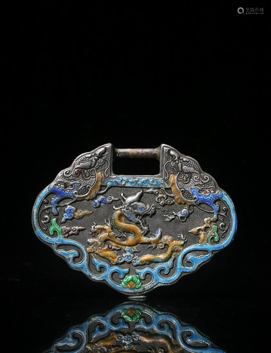 CHINESE SILVER BLUE ENAMEL RUYI PENDANT CAST WITH 'FIGU...