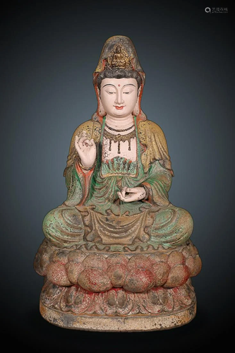 CHINESE POLYCHROMED CAMPHORWOOD FIGURE OF GUANYIN