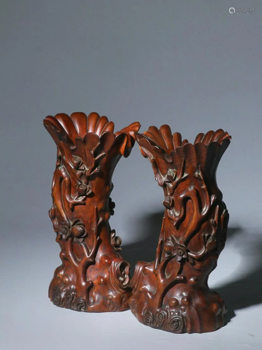 TWO CHINESE BOXWOOD VASES WITH CARVED 'PRUNUS'