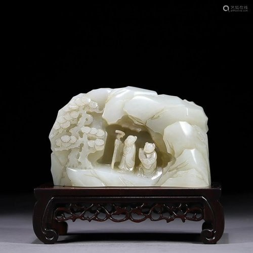 CHINESE HETIAN JADE ORNAMENT WITH CARVED 'FIGURE STORY&...