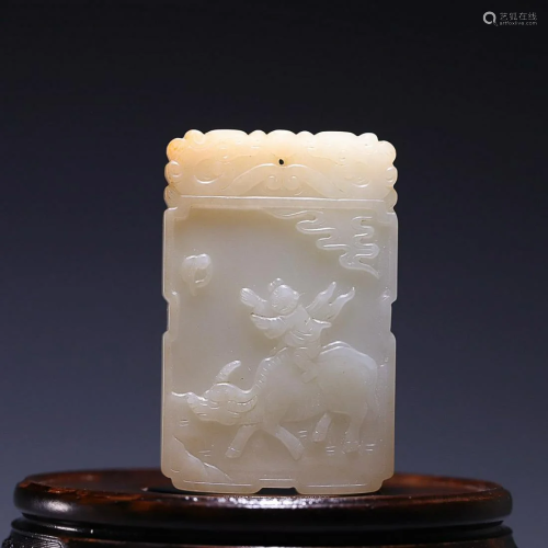CHINESE INSCRIBED HETIAN JADE PLAQUE WITH CARVED 'BOY R...