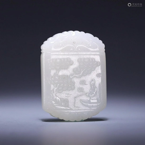 CHINESE HETIAN JADE PLAQUE WITH CARVED 'FIGURE' AN...