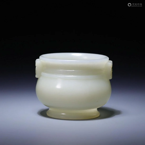 CHINESE HETIAN JADE ANIMAIL-MASK-HANDLED CENSER