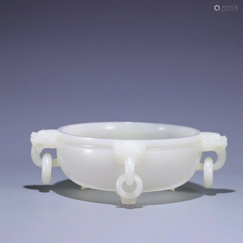 CHINESE HETIAN JADE RING-HANDLED CENSER ON THREE LEGS