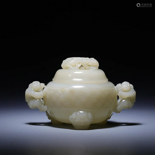 CHINESE HETIAN JADE FIGURE-HANDLED CENSER WITH COVER AND &#x...