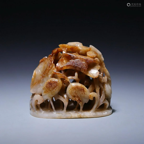 CHINESE HETIAN JADE KNOB WITH CARVED 'HERON AND LOTUS&#...