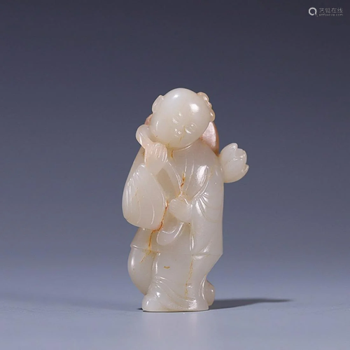 CHINESE HETIAN JADE FIGURE OF BOY HOLDING LOTUS