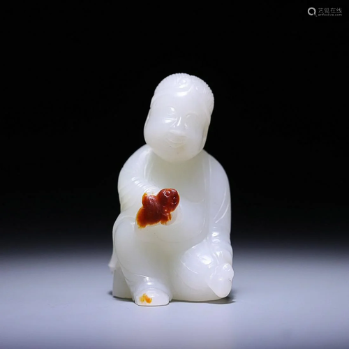 CHINESE HETIAN JADE FIGURE OF LIUHAI AND JINCHAN