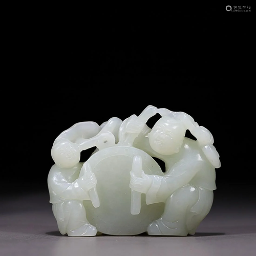 CHINESE HETIAN JADE FIGURES OF BOYS PLAYING DRUM