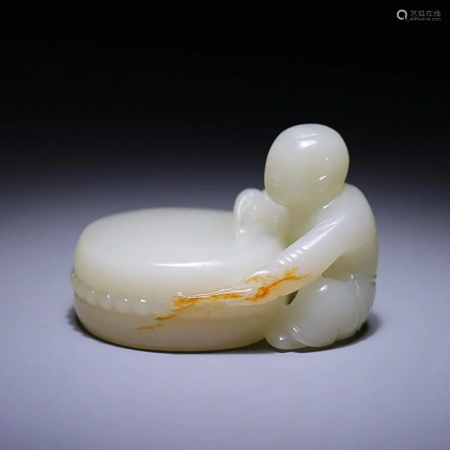 CHINESE HETIAN JADE FIGURE OF BOY PLAYING DRUM