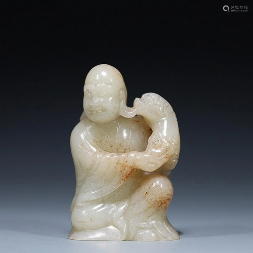 CHINESE HETIAN JADE FIGURE OF ARHAT AND LION