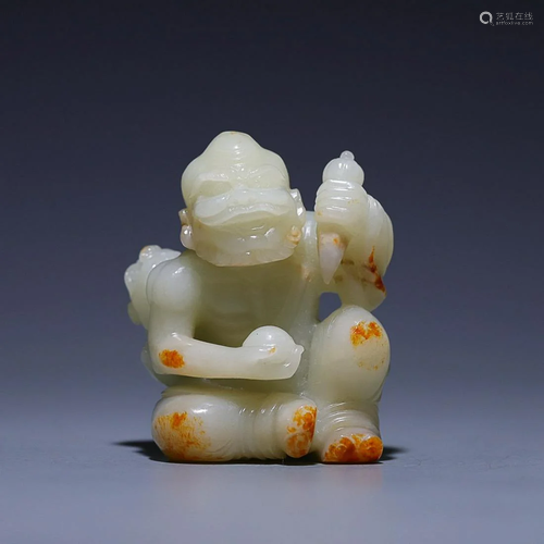 CHINESE HETIAN JADE FIGURE OF ARHAT AND TIGER