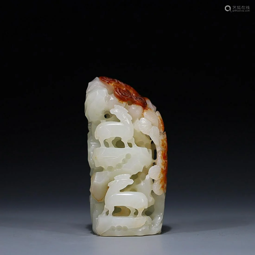 CHINESE HETIAN JADE ORNAMENT WITH CARVED 'DEER AND RUYI...