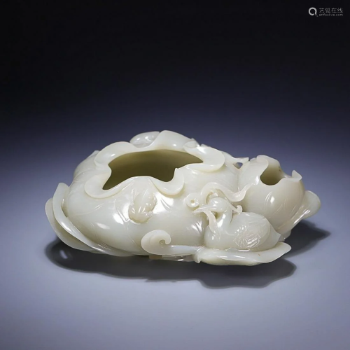 CHINESE HETIAN JADE LOTUS-LEAF-FORM WASHER WITH CARVED '...