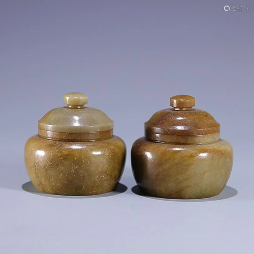 TWO CHINESE HETIAN JADE COVERED JARS