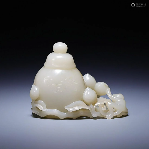 CHINESE HETIAN JADE COVERED JAR WITH CARVED 'MONKEY AND...