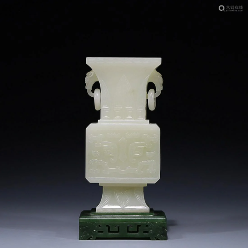 CHINESE HETIAN JADE RING-HANDLED GU VESSEL WITH CARVED '...