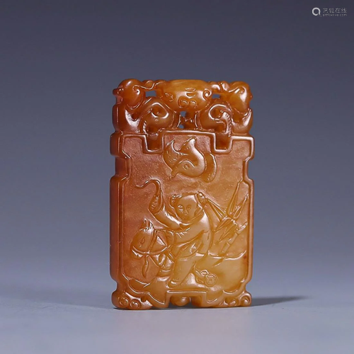 CHINESE HETIAN YELLOW JADE PLAUQE WITH CARVED 'BOY'...