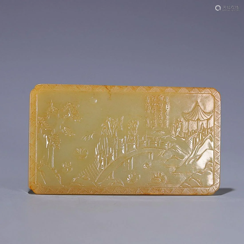 CHINESE HETIAN YELLOW JADE PLAQUE WITH CARVED 'FIGURE S...