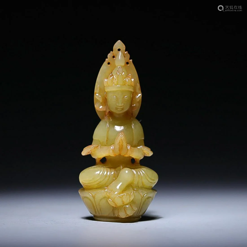 CHINESE HETIAN YELLOW JADE FIGURE OF GUANYIN