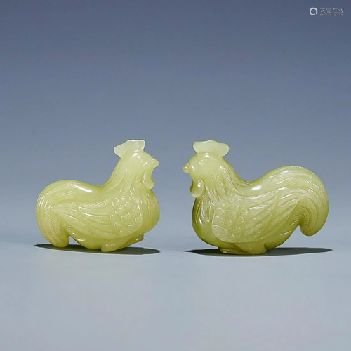 TWO CHINESE HETIAN YELLOW JADE FOWLS