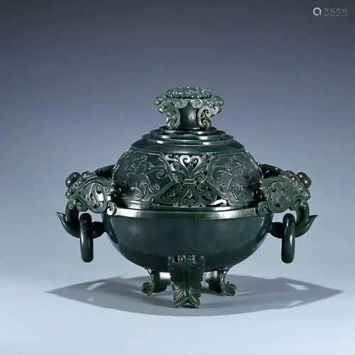 CHINESE HETIAN JASPER RING-HANDLED INCENSE BURNER WITH CARVE...