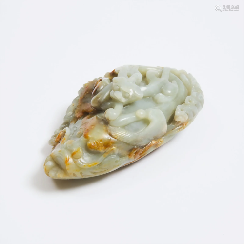 A Celadon and Russet Jade Carving of a Dragon-Carp, Qing Dy