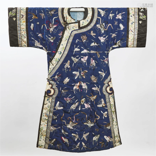 A Chinese Embroidered Blue-Ground 'Butterfly' Robe...