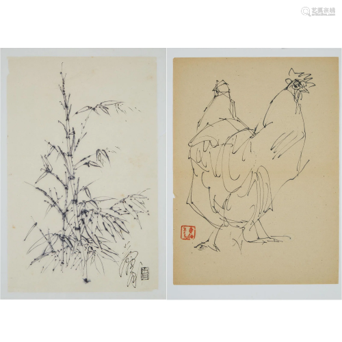 Huang Zhou (1925-1997), Two Sketches of Bamboo and a Rooste