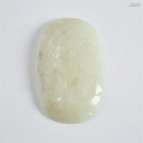 A White Jade 'Figural Landscape' Oval Plaque, Qing...