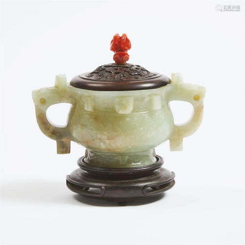 A Pale Celadon Jade Archaistic Gui-Form Censer, Ming Dynast