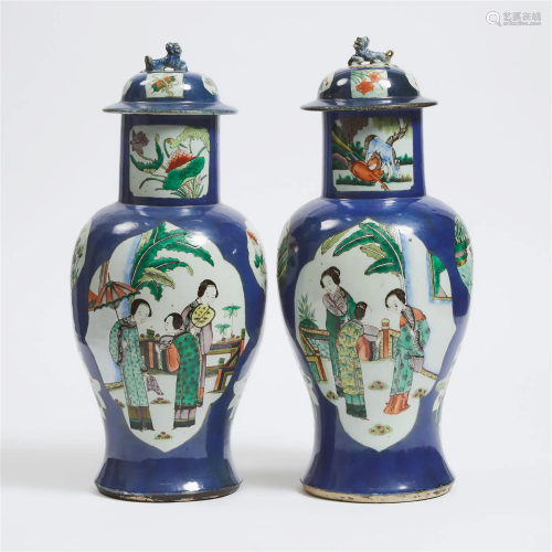 A Pair of Powder Blue-Ground Famille Verte Vases and Covers