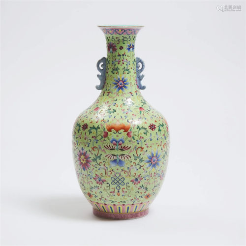 A Green-Ground Famille Rose Vase, Jiaqing Mark, Qing Dynast