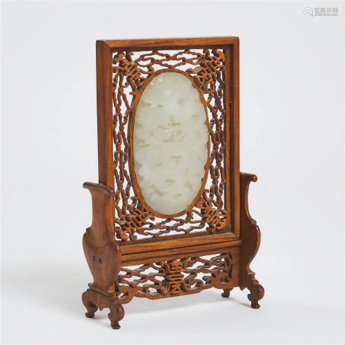 A White Jade-Inset Rosewood Table Screen, Qing Dynasty, 19t
