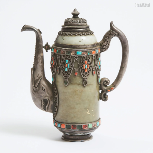 A Mottled Celadon Jade Silver-Mounted Teapot, Tibet/Mongoli