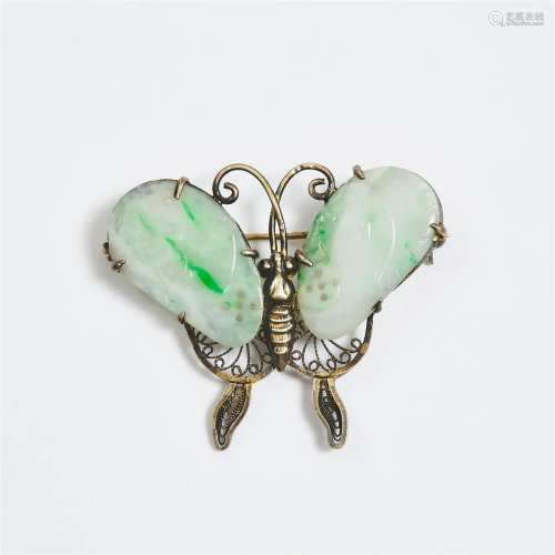 A Chinese Silver 'Butterfly' Brooch With Jadeite I...