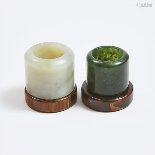 Two Jade Archer's Rings With Stands, Qing Dynasty, 19th...