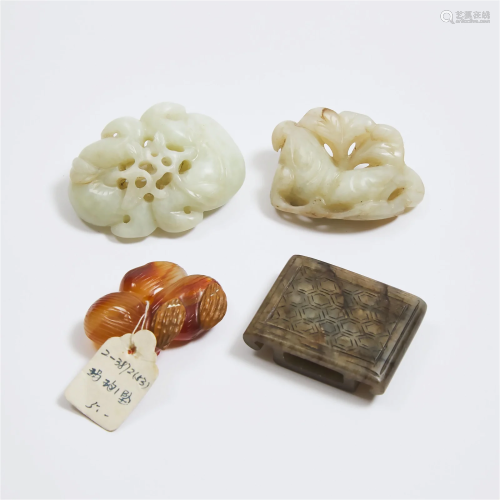 A Group of Three Jade Carvings, Together With an Agate '...