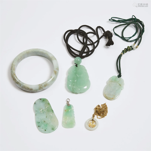 A Group of Six Natural Jadeite and Jade Jewellery Pieces, 1