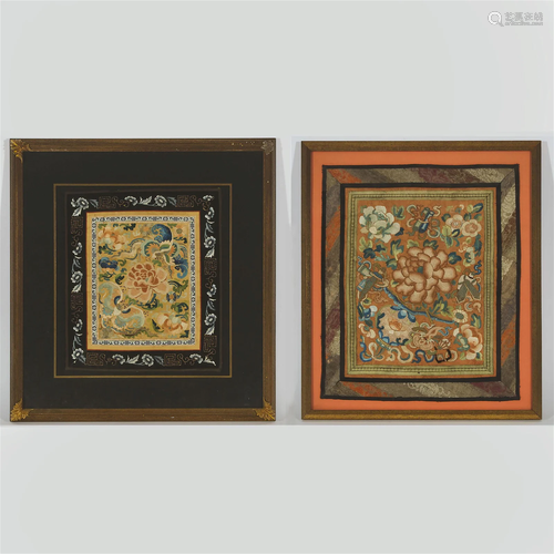 Two Chinese Embroidered Silk Square Panels With Forbidden K