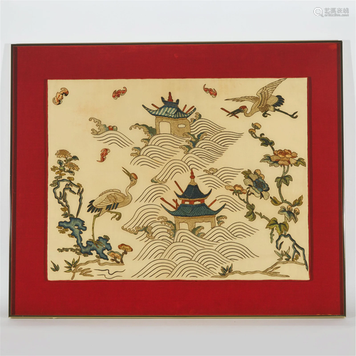 A Chinese Embroidered Silk 'Cranes' Panel, Late Qi...